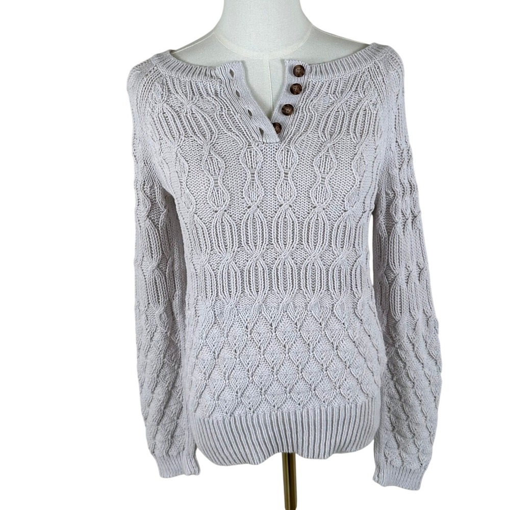 Sparrow Anthropologie Sweater Large Gray Honeycomb Cable Knit Henley‎ Tortoise